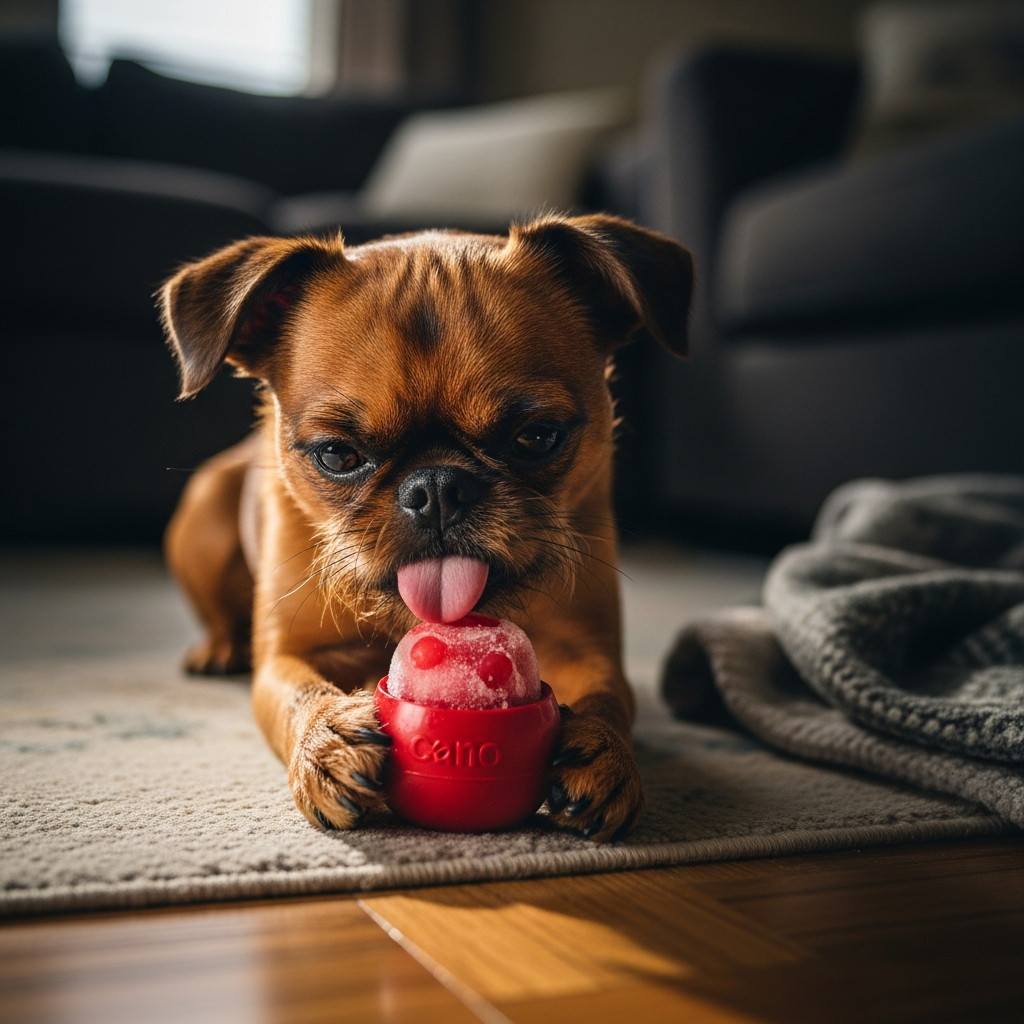 Brussels Griffon dog working a frozen Kong toy — positive departure enrichment for separation anxiety training