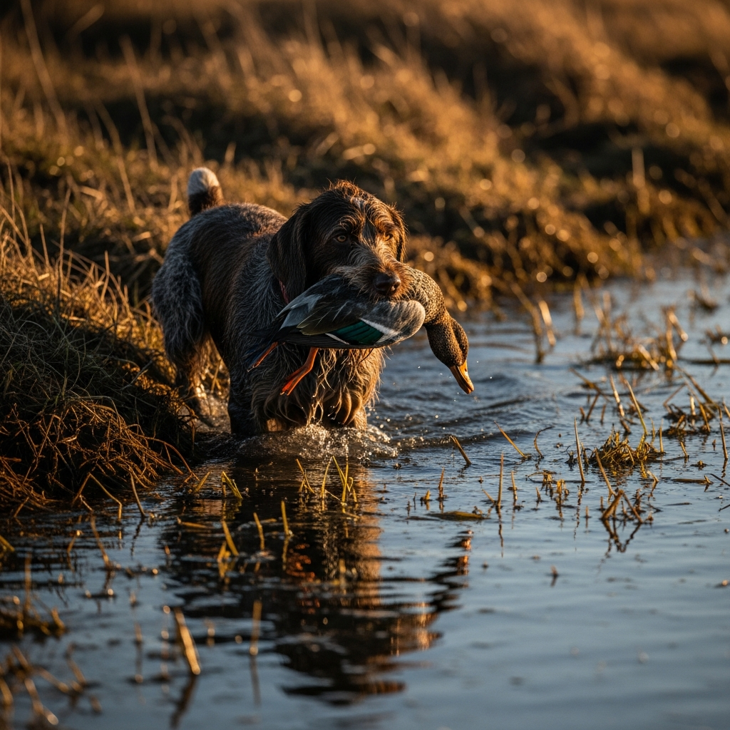 Wirehaired Pointing Griffon retrieving duck from cold water — the WHG excels in marsh and wet terrain where Vizslas struggle