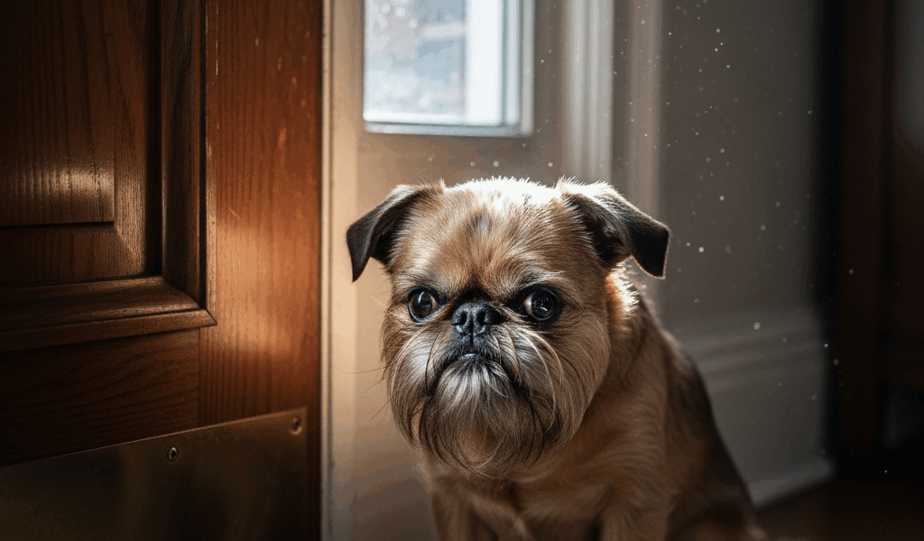 brussels griffon small dog sitting by a closed front door lo 20260303 070511