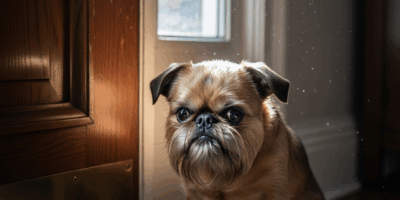 brussels griffon small dog sitting by a closed front door lo 20260303 070511
