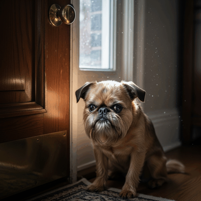 brussels griffon small dog sitting by a closed front door lo 20260303 070511