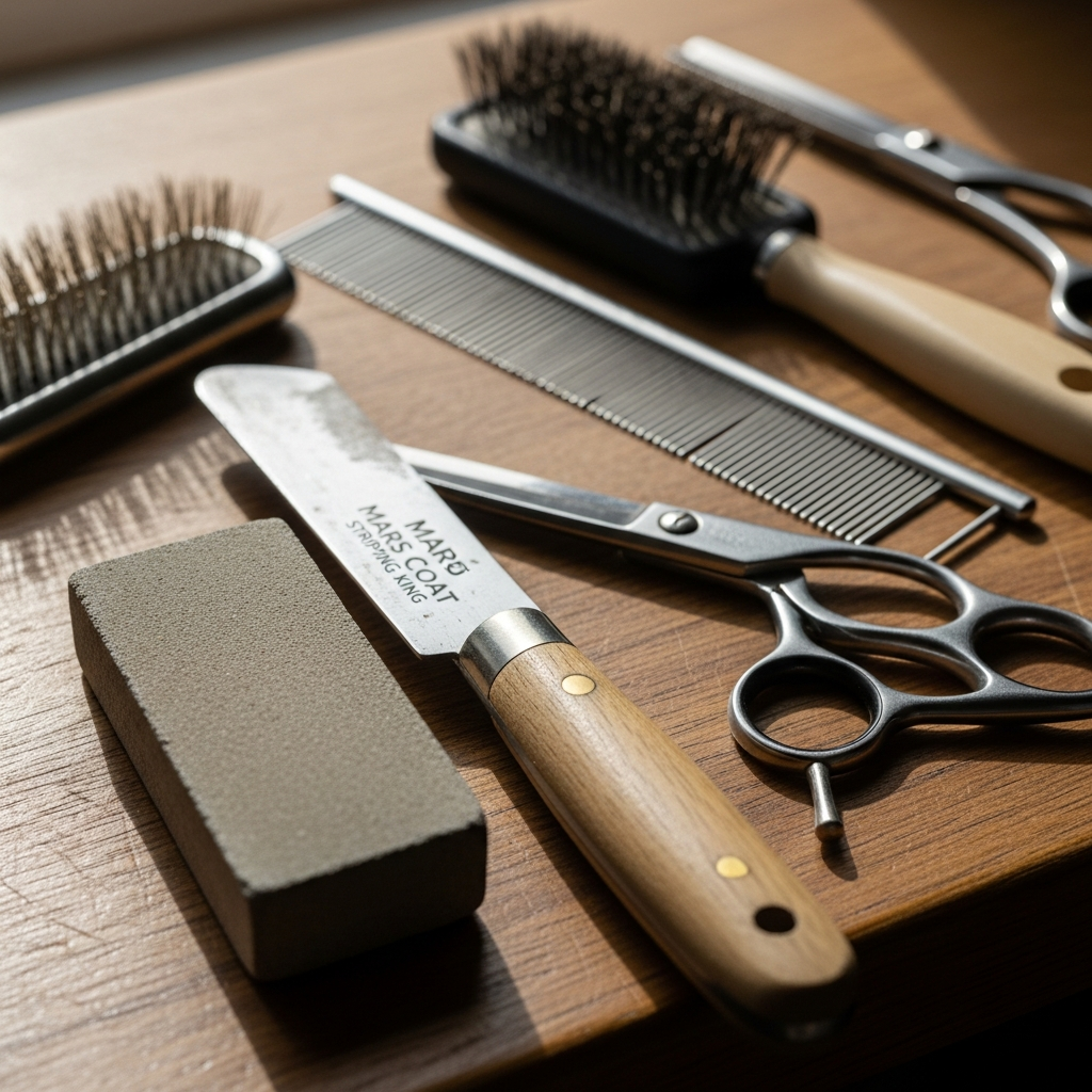 Mars Coat King stripping knife and stripping stone — essential hand stripping tools for Wirehaired Pointing Griffon grooming