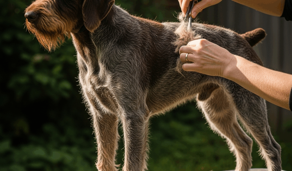 person hand stripping a wirehaired pointing griffon on a gro 20260303 070028