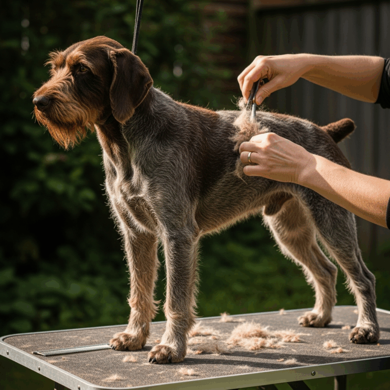 person hand stripping a wirehaired pointing griffon on a gro 20260303 070028