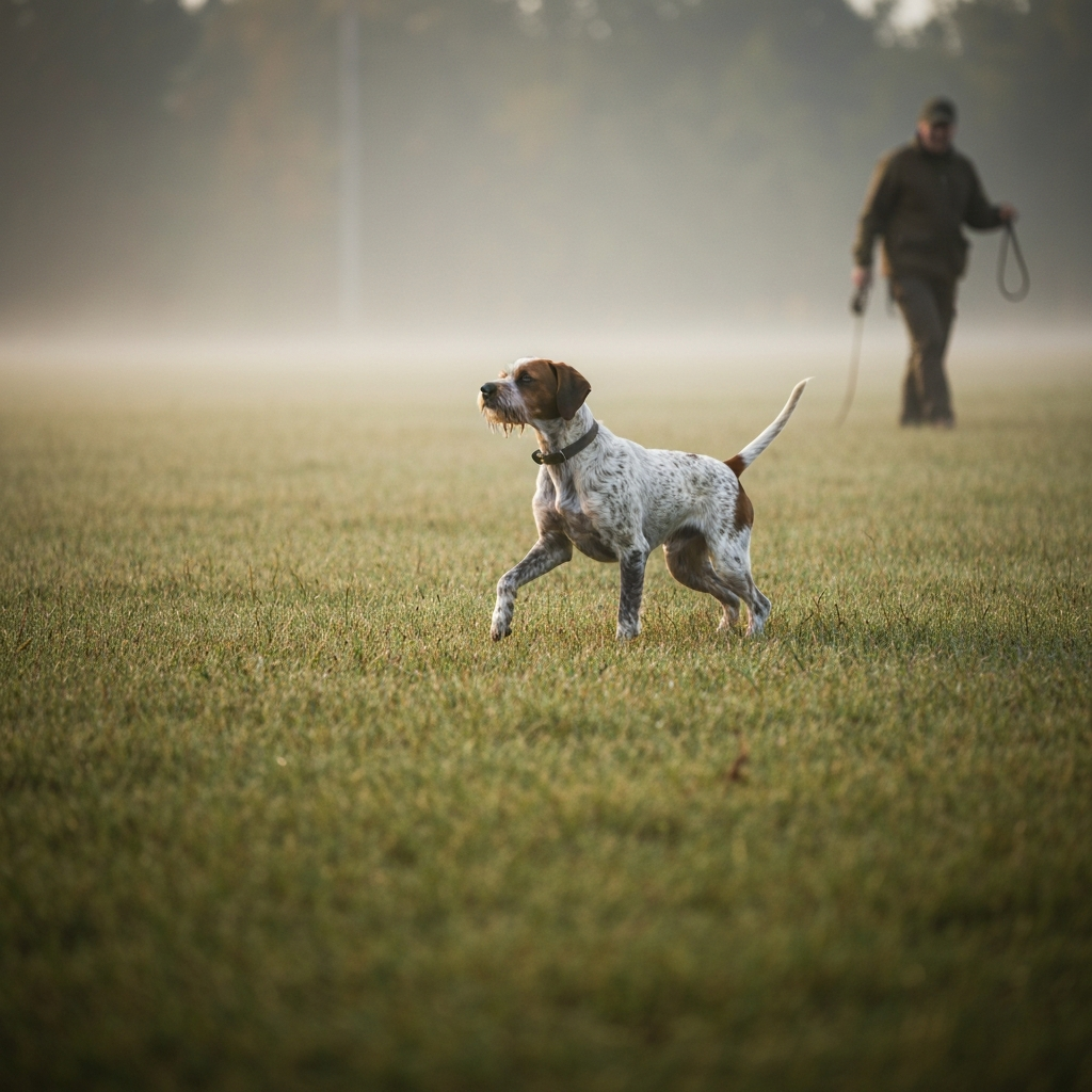Wirehaired Pointing Griffon on point during NAVHDA field test in tall grass field with handler nearby
