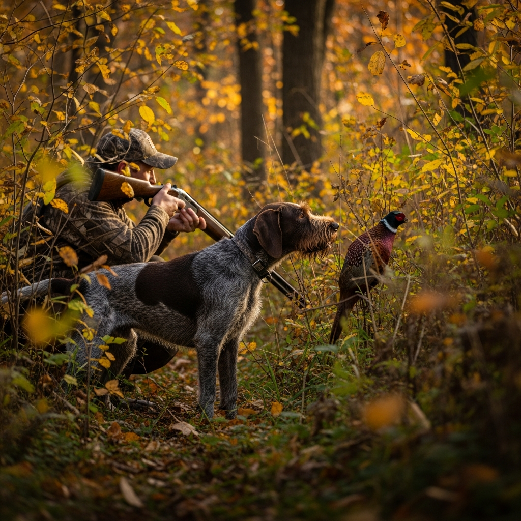 Wirehaired Pointing Griffon pointing pheasant in heavy brush cover — the WPG's close-working style suits dense terrain hunting