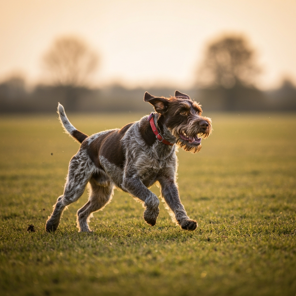 Wirehaired Pointing Griffon running energetically through an open field, vigorous exercise, action shot, golden hour light